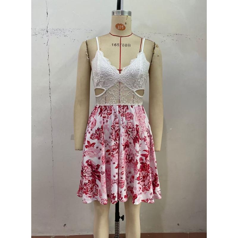 Women's Summer Slip Dress Slim Hollow Floral Print Patchwork Dress