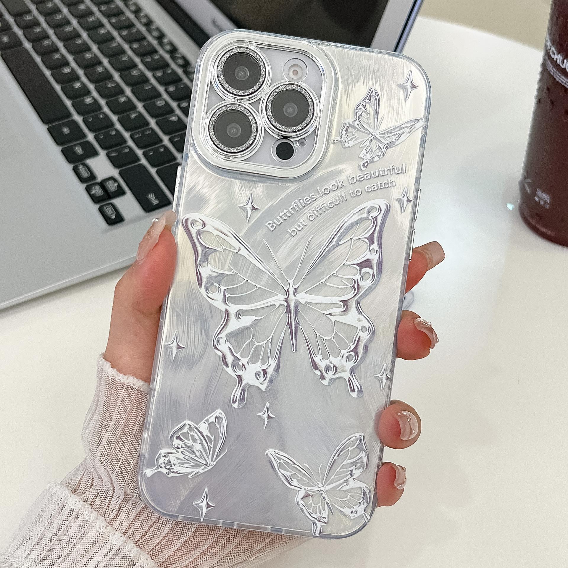 

Suitable for IPhone16E Electroplated Phone Case Butterfly Apple 15promax with Glitter Lens Film Bracelet iPhone13Promax