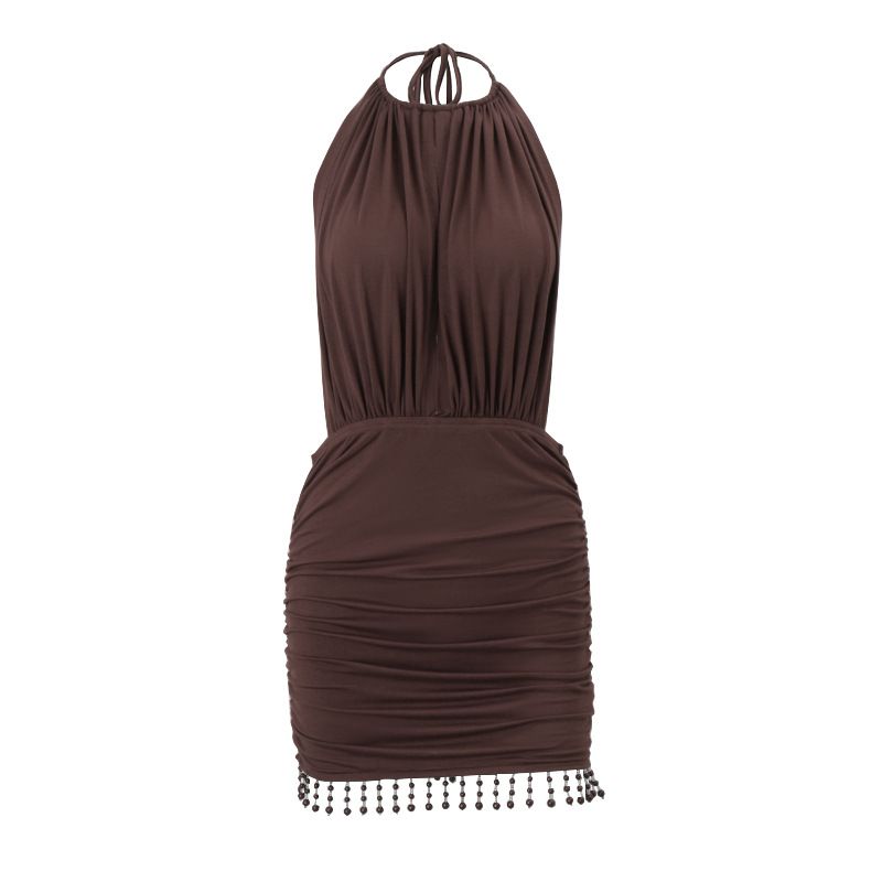 

Outfitgirl Apricot Niche Style Tassel Halterneck Backless Dress Party Skinny Sheath Ruched Low Waist Skirt Brown L