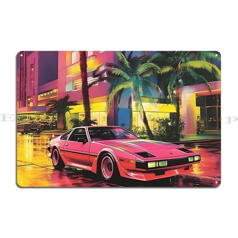 Shoreline Drifter Car Driving Towards Synthwave Sun Through s Miami Metal Plaque Printing Customize Tin Sign Poster