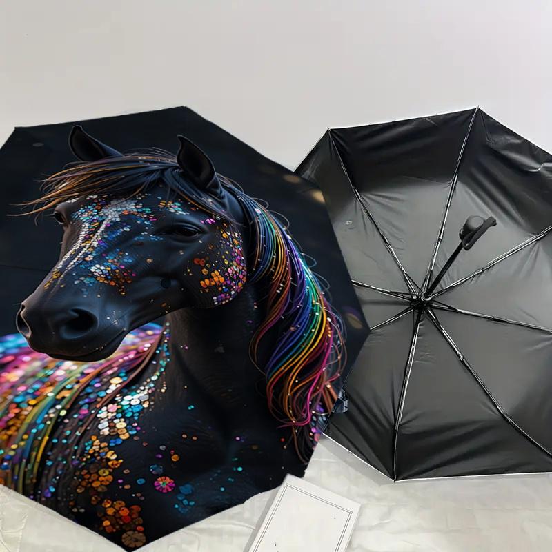 Colorful Sequin Horse Head Automatic Opening Folding Umbrella with Rainbow Mane - Outdoor Rain Gear for Fans, Travelers, Everyday Use, Festi