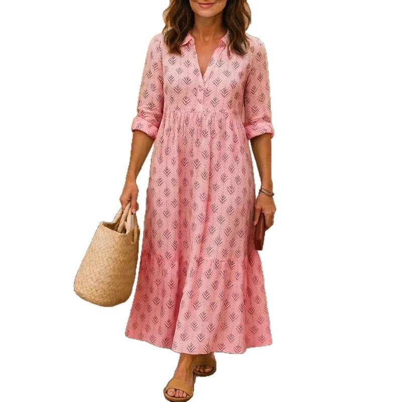 New Women's Casual Long Sleeve Lapel Long Digital Print Women's Shirt Dress