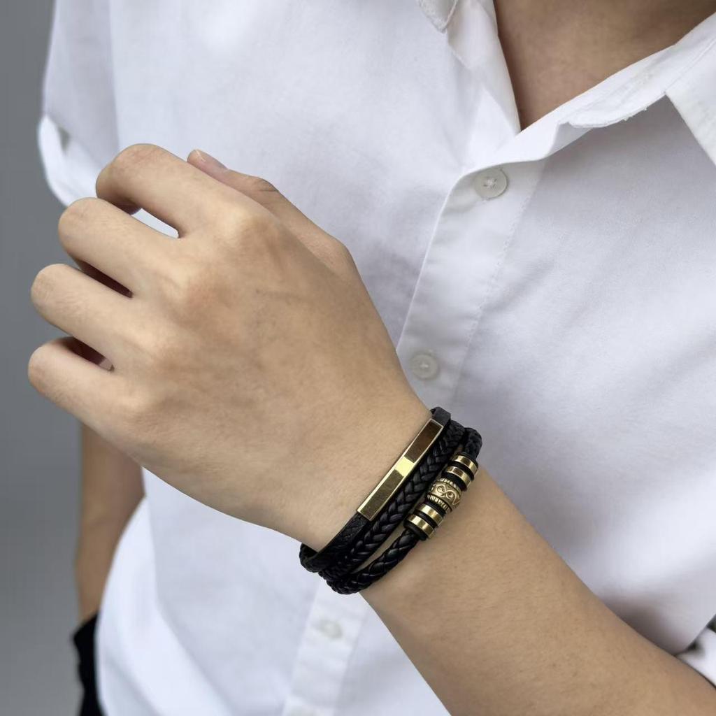 Trendy Multi-Layer Leather Bracelet with Titanium Steel Accents