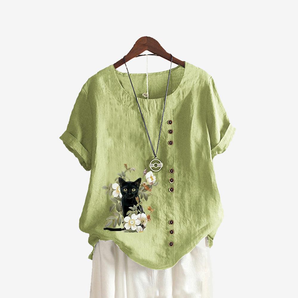 Women Fashion Short Sleeve T-shirt Summer&fall Casual Round Neck Cat Print Top Pullover Loose Cotton Linen Blouses