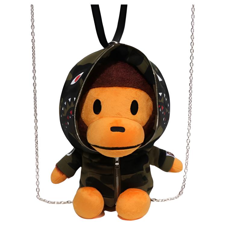 A Bathing Ape Camouflage Shark Hoodie Cartoon Baby Milo Plush Fabric Backpack Regular Women backpack Green 0ZXBGW006892P