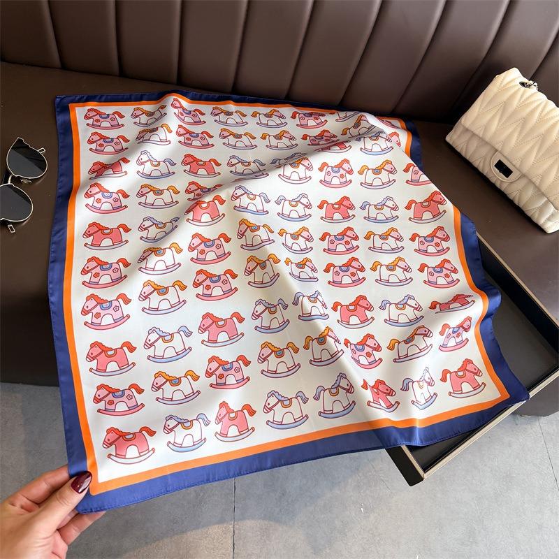 Korean Style Cute Trojan Printed Silk Feel Square Scarf For Women