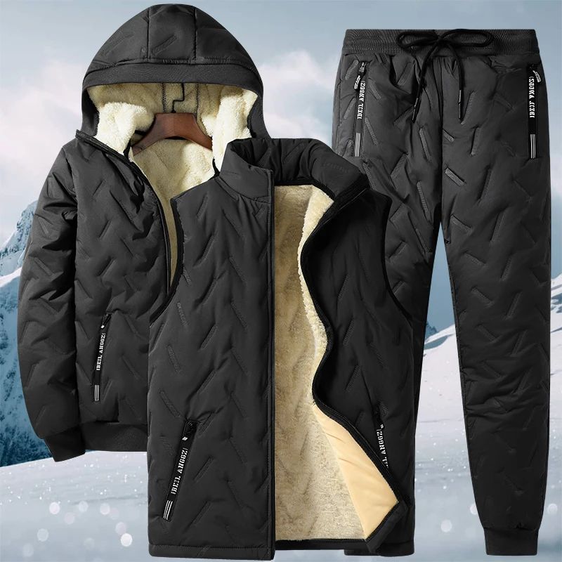 

Осенне-зимний мужской ветрозащитный и теплый костюм для улицы: теплая куртка с капюшоном, жилет и теплые повседневные хлопковые брюки, набор из трех предметов M чёрный