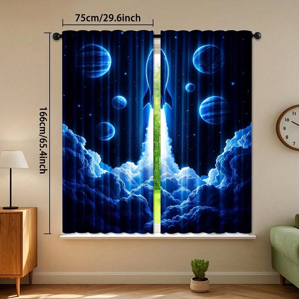 2pcs Space-Themed Window Curtains - & Rocket Print In Deep & Black, Semi-Opaque Filtering Privacy Drapes For Living Room Bedroom