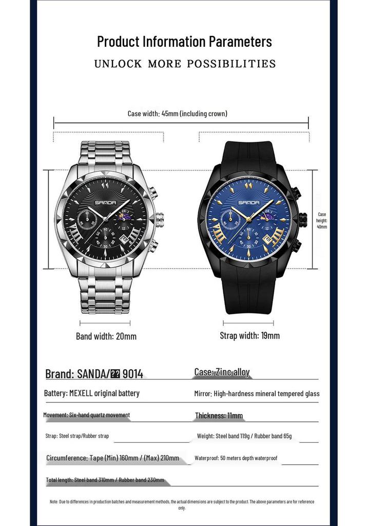 Sanda Men's Waterproof Business Watch - Steel Band, Luminous, with Small Seconds and Simple Calendar.