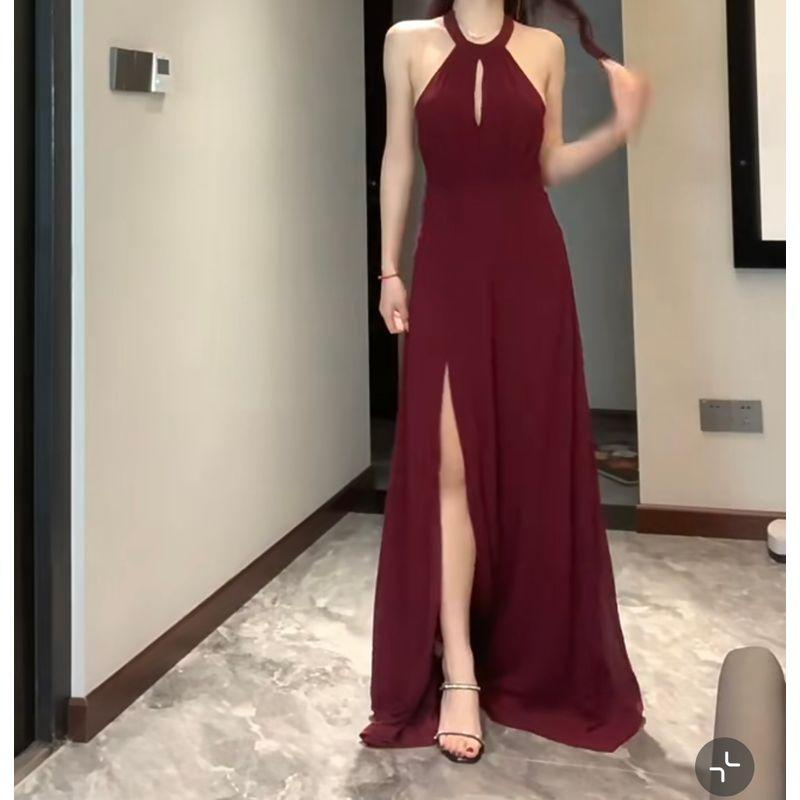 Export New Arrival Lu's Light Vacation Elegant Low-Cut Slit Slim-Fitting Slim Looking Beautiful All-Match Elegant Female Dress