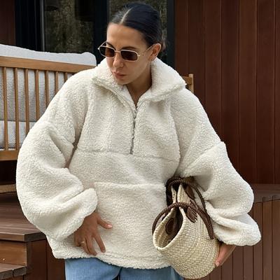 Autumn Beige Warm Fleece Zipper Sweatshirts Women Oversize Lantern Sleeves Pockets Winter 2024 Casual Lamb Wool Pullover Tops Ladies