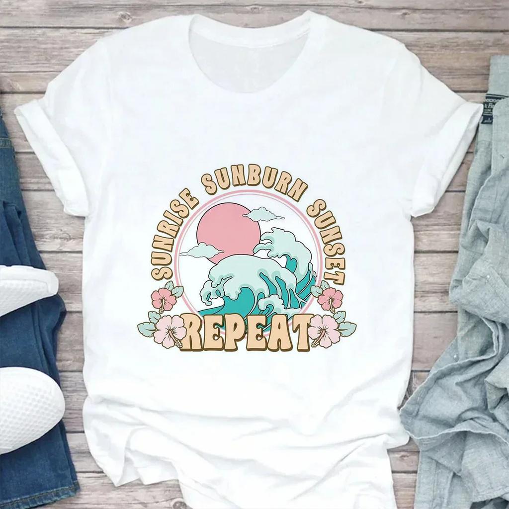 Fashion Women's T-shirt Summer Beach Print Cute Short Sleeve Ladies Fashion Casual Summer Women's T-shirt Graphic