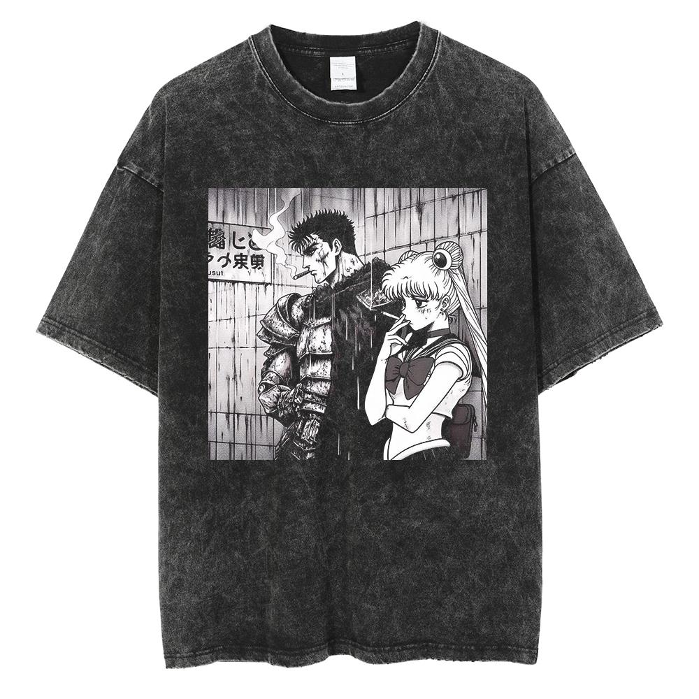 Vintage Washed Berserk TShirt for Men Women Retro Anime Skull Graphic Tees Oversized Streetwear Cotton Short Sleeve T Shirts
