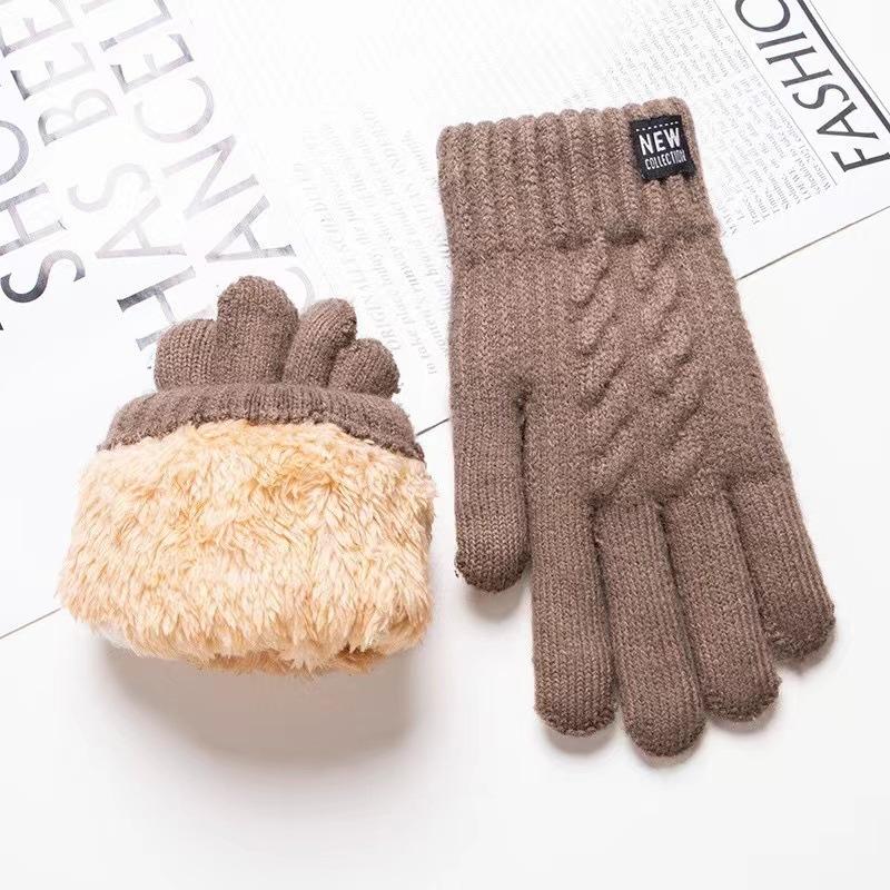 Winter Trendy Solid Color Double-layer Velvet Thickened Gloves For Women Knitted Outdoor Cold-proof Cycling Touch Screen Gloves