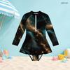 Girls High Neck Long Sleeve One Piece Swimsuit Printed Front Zip Skirt Hem