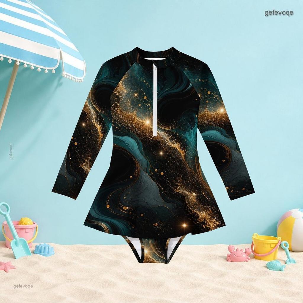 Girls High Neck Long Sleeve One Piece Swimsuit Printed Front Zip Skirt Hem