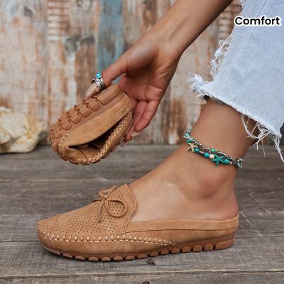 Damen Retro Schleifen Pantoletten - Weiche, bequeme, atmungsaktive Slipper-Sandalen in Pink perforiertem PU-Überzug mit TPR-Sohle und Stofffutter