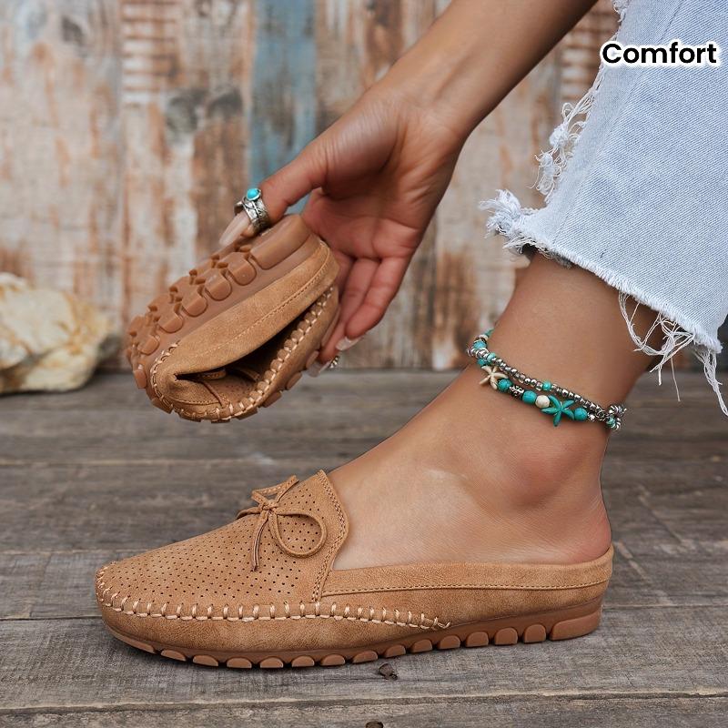 Women's Retro Bow Flat Mules - Soft, Comfortable, Breathable Slip-On Sandals in Pink Perforated PU Cover with TPR Sole and Fabric Lining