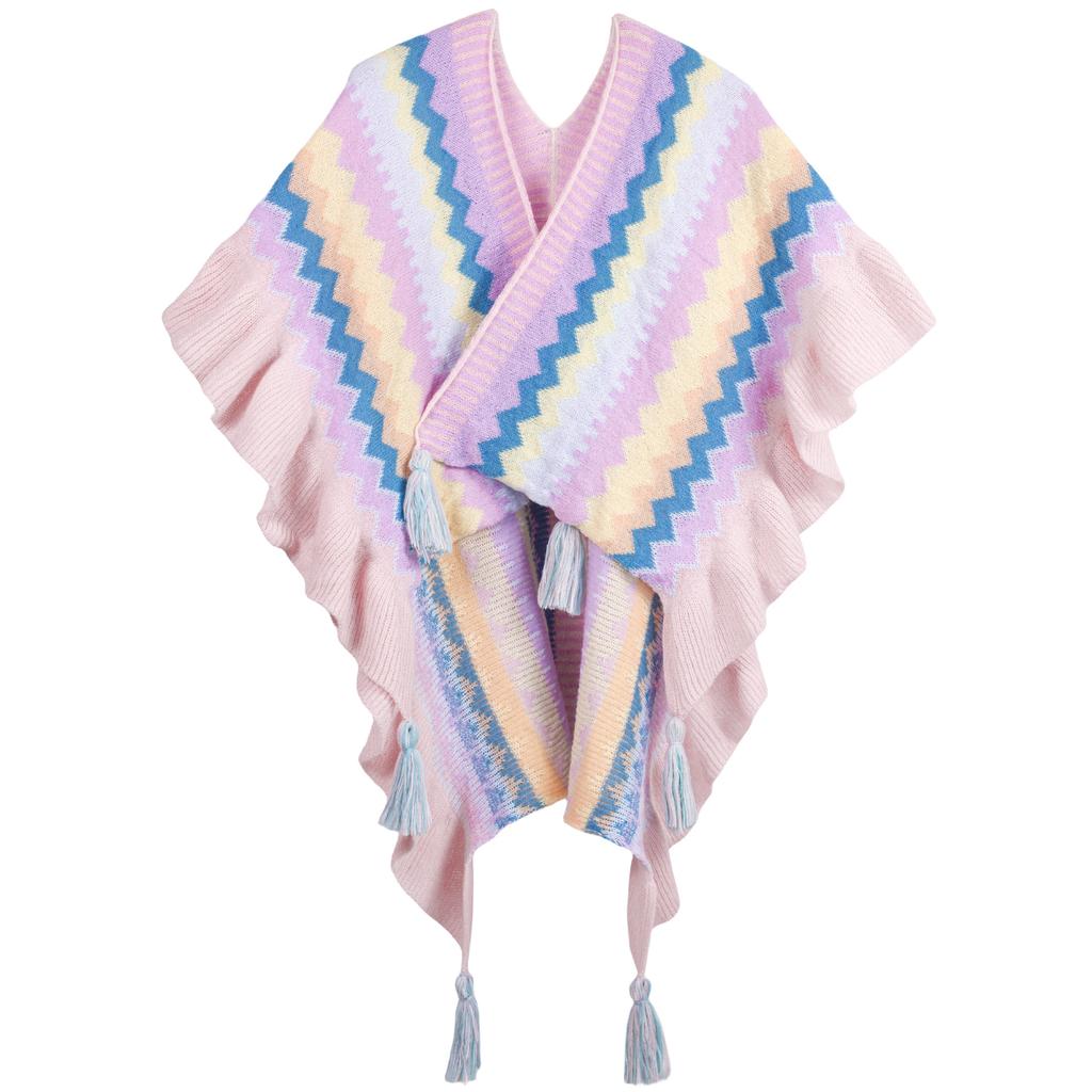 Flowers Embroidered Rainbow Knitted Shawl Spliced Ruffles Sweater Coat Irregular Gauze Ruched Scarf Cape Cardigan Poncho