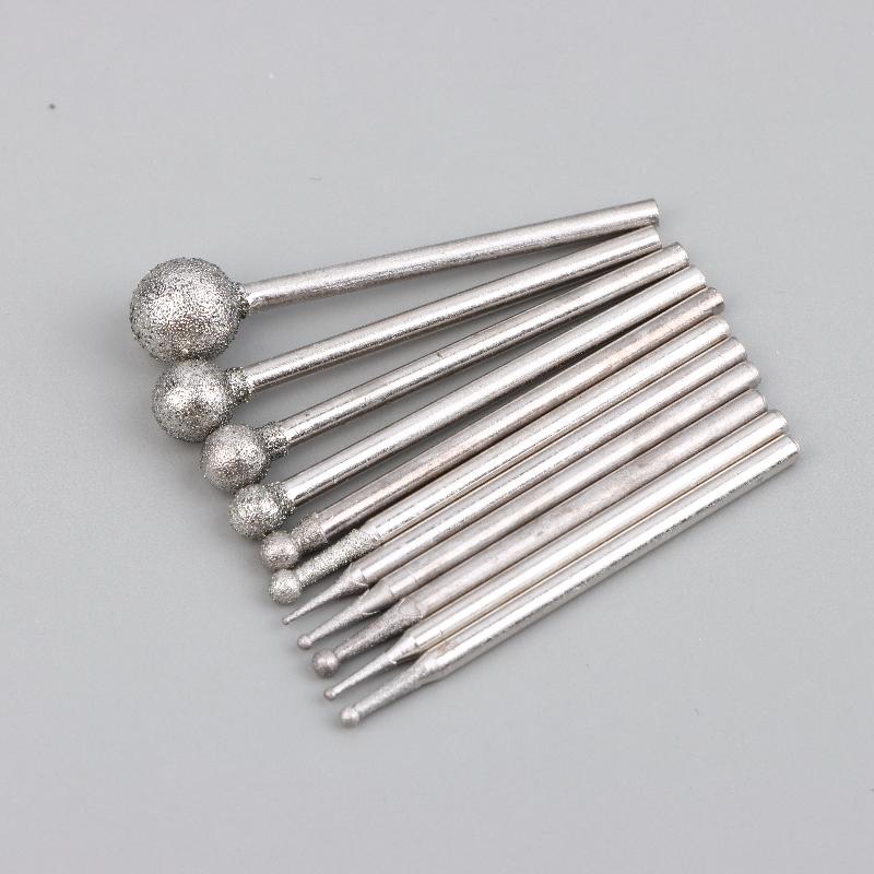 1/2Set Silver Diamond Grind Needle Head Cutter Jade Carve Tool Engrave Rotary Spherical Burr Tool 2.35mm Shank Round Ball