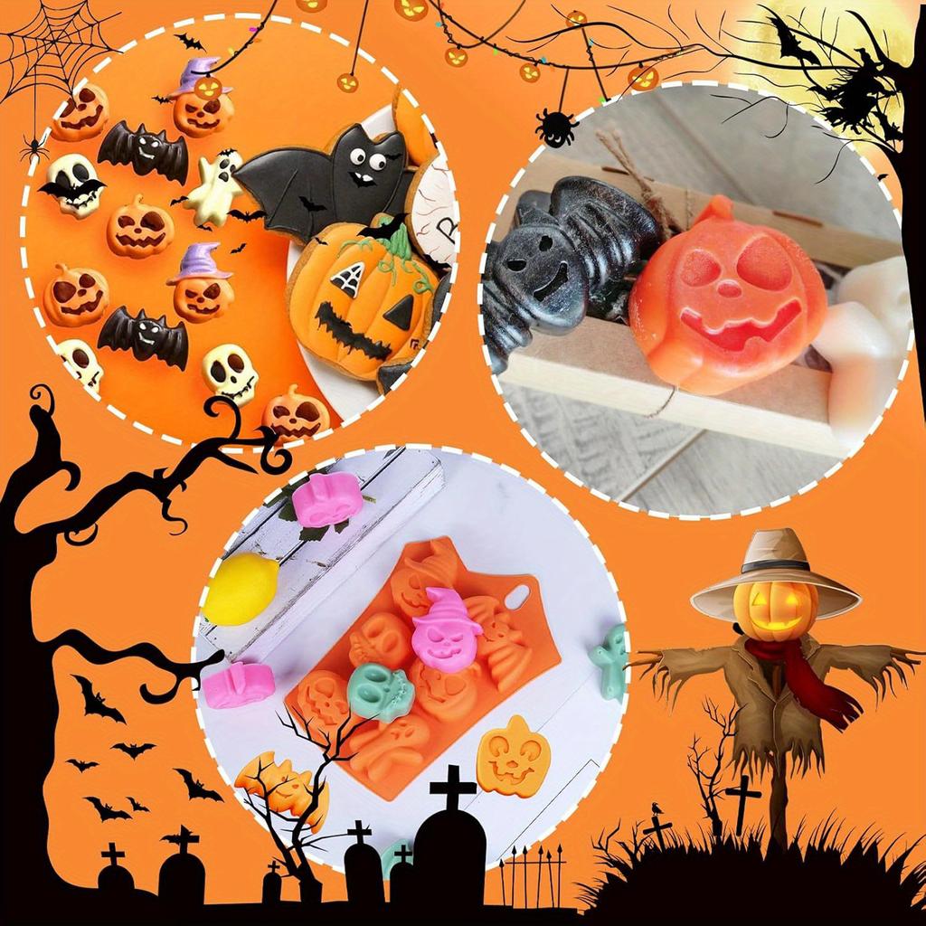 Halloween Silicone Mold for Pumpkin Ghost Skull Bat Shapes Reusable Baking Molds for Cake Decoration Resin Plaster Crafts
