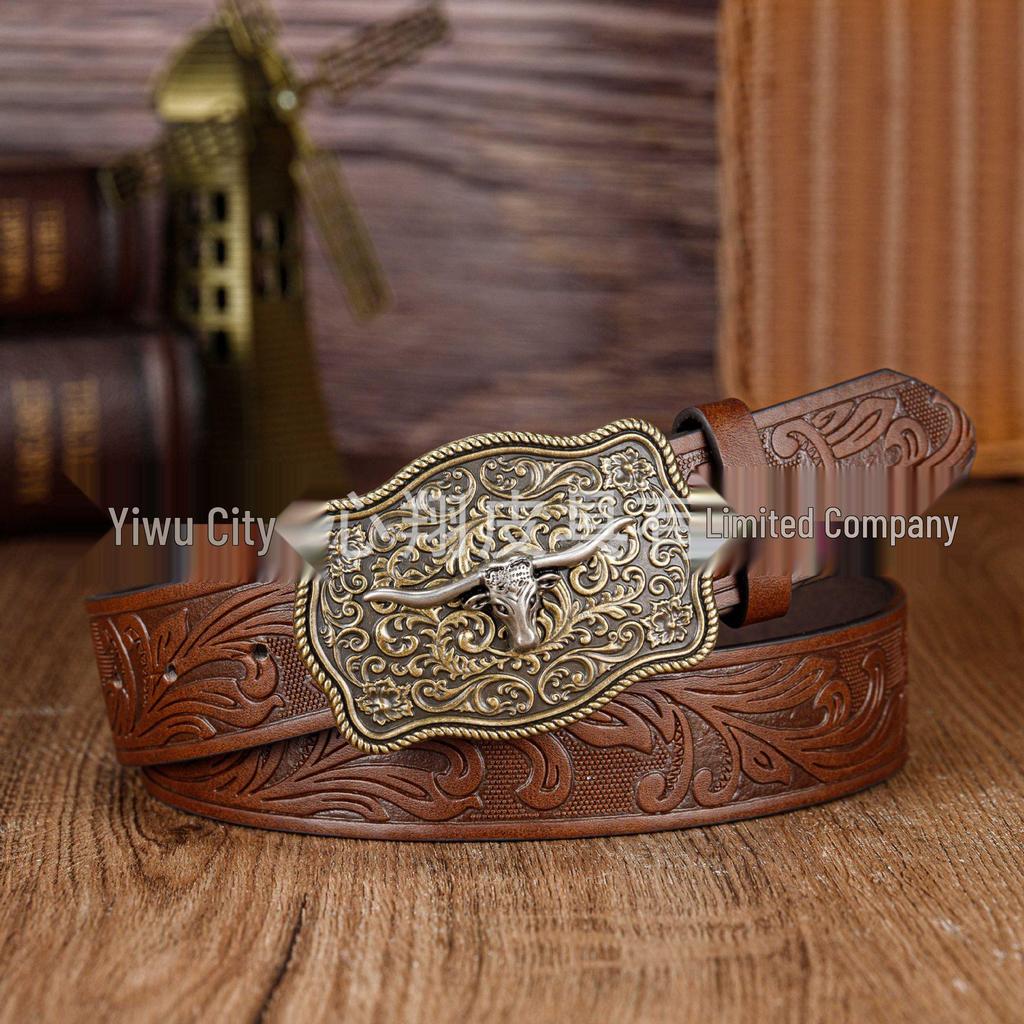 Retro Western Bull Head PU Leather Lace Buckle Belt