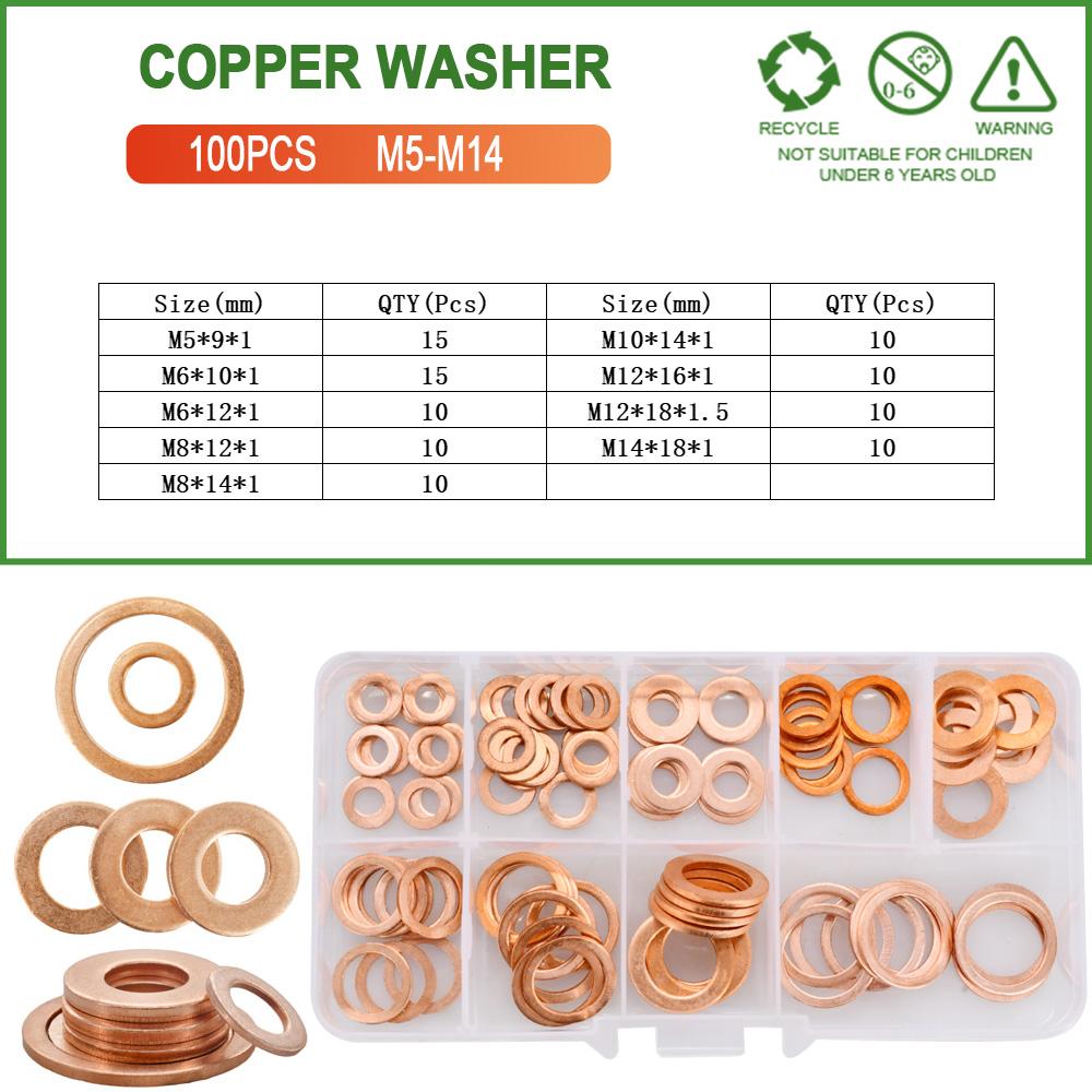 Solid Pure Copper Washers Annealed M5 M6 M8 M10 M12 M14 M16 M20 Sump Plugs Oil Seal Oring Spacers Motorcycle Flat Gasket Kit Oil Drain Plugs 3