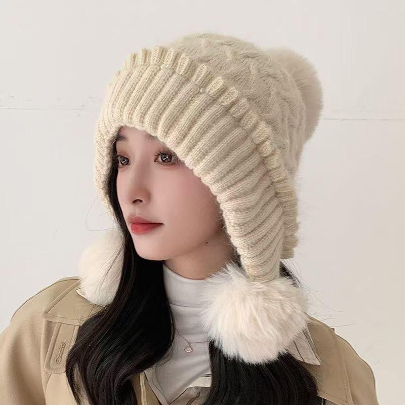 

Женская шерстяная шапка Милая теплая модная вязаная флисовая утолщенная новая зимняя шапка Защита ушей Зима one size бежевый