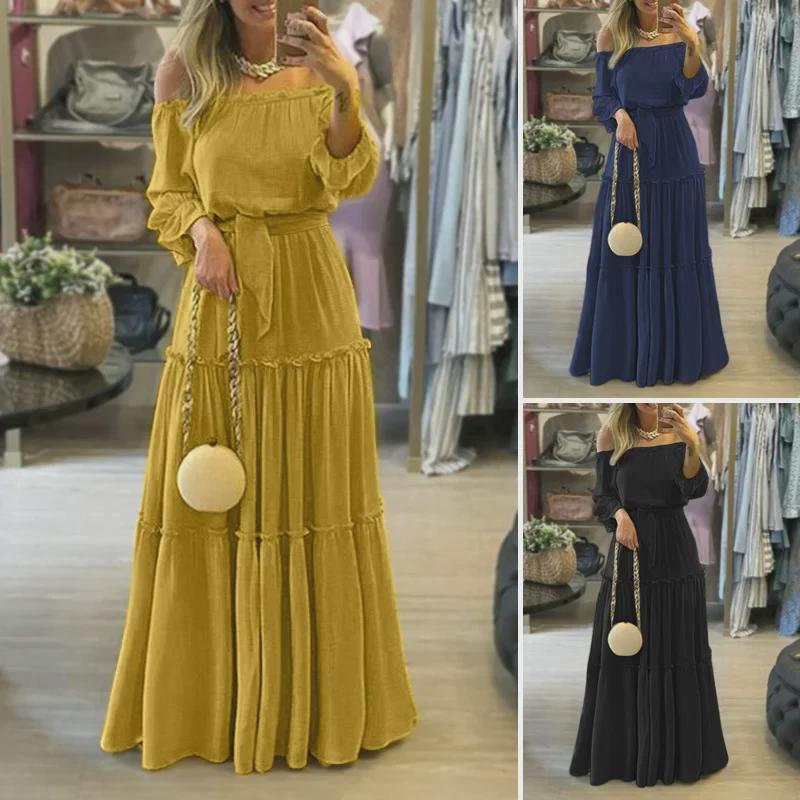 

2024 Bohemian Off-Shoulder Lace-Up Ruffle Long Summer Dress S чорний