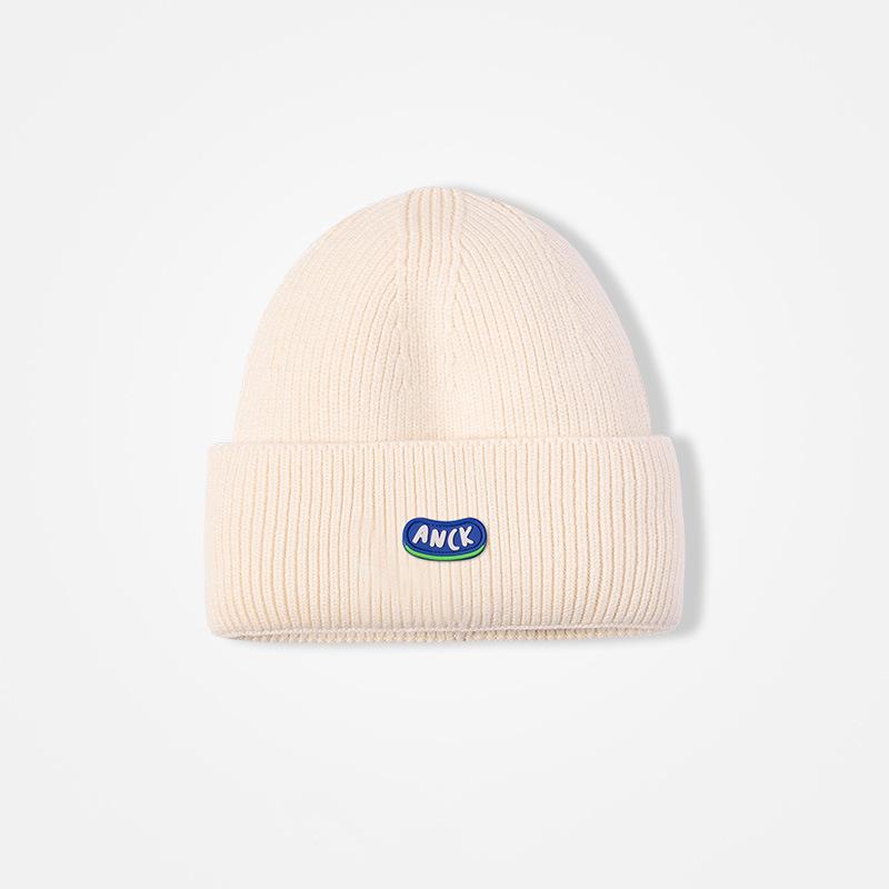 Beige knitted hat women's autumn and winter blue wool hat men's pullover versatile ear protector cold hat showing face small hat keeping warm