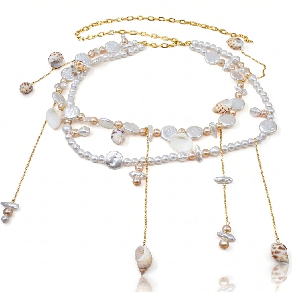 Bohemian Pearl Shell Belly Chain For Women Double Layer Conch Scallops Metal Tassel Waist Belt Summer Beach Bikini Body Jewelry