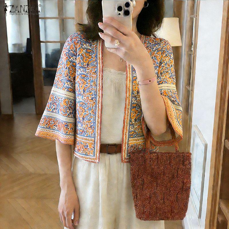 ZANZEA Womens Casual Open Front Loose Half Sleeve Bohemian Print Cardigan Cover Up Blouse