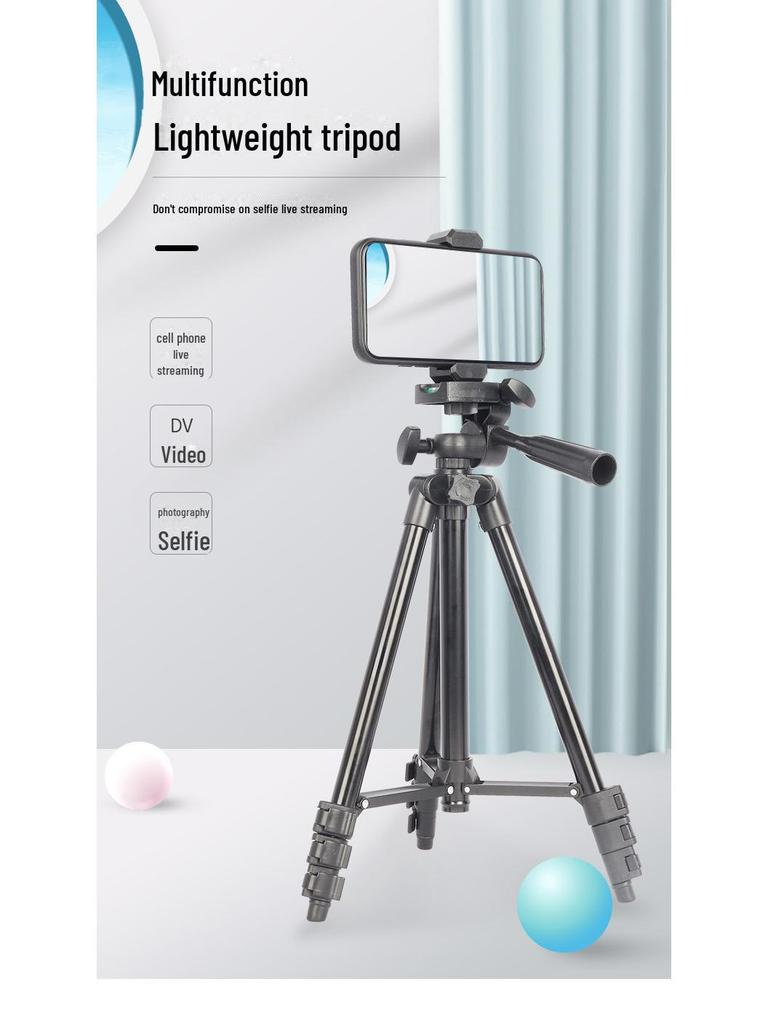 Black Mobile Phone Live Broadcast Tripod with 1.1m Height, Fishing Light Telescope, and Aluminum Alloy Build.