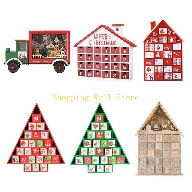 KX4B Christmas Wooden Advent Calendar House with Storage Drawers LED Lighted Countdown Number Ornament Holiday Home Desktop Gift