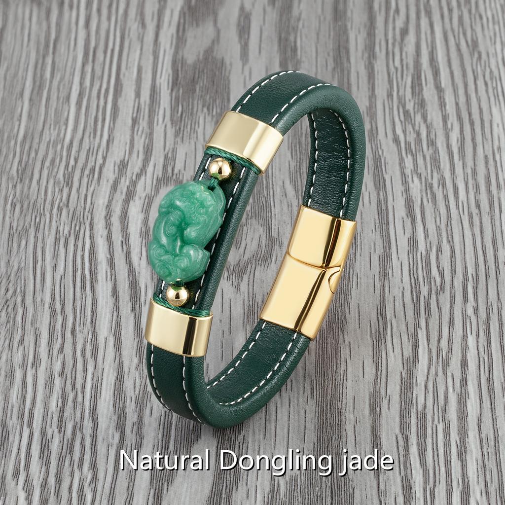 Neu Natürliche Dongling Jade Pixiu Schmuck Glück Armband Männer Charme 316l Edelstahl Lederband Armband Geschenk