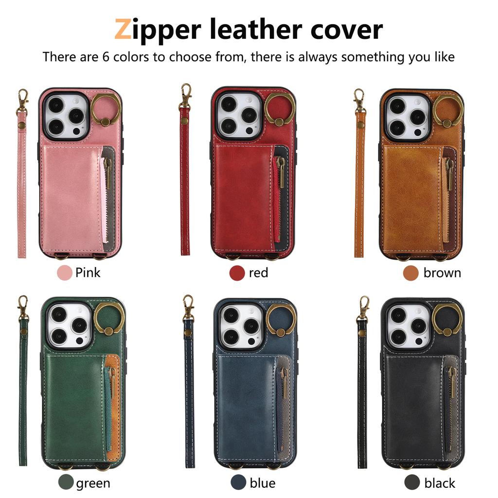 Luxury Leather Card Bag Slot Phone Case for IPhone 16 15 14 16E 13 12 17 Pro Max Plus Cases Stand Sleeve Cover with Wrist Band