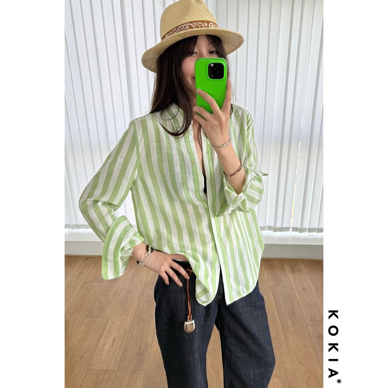 

Kokia French Laziness Hemp Texture Refreshing Wide Striped Fashionable Loose Profile Shirt Two Colors Green and white in late August S