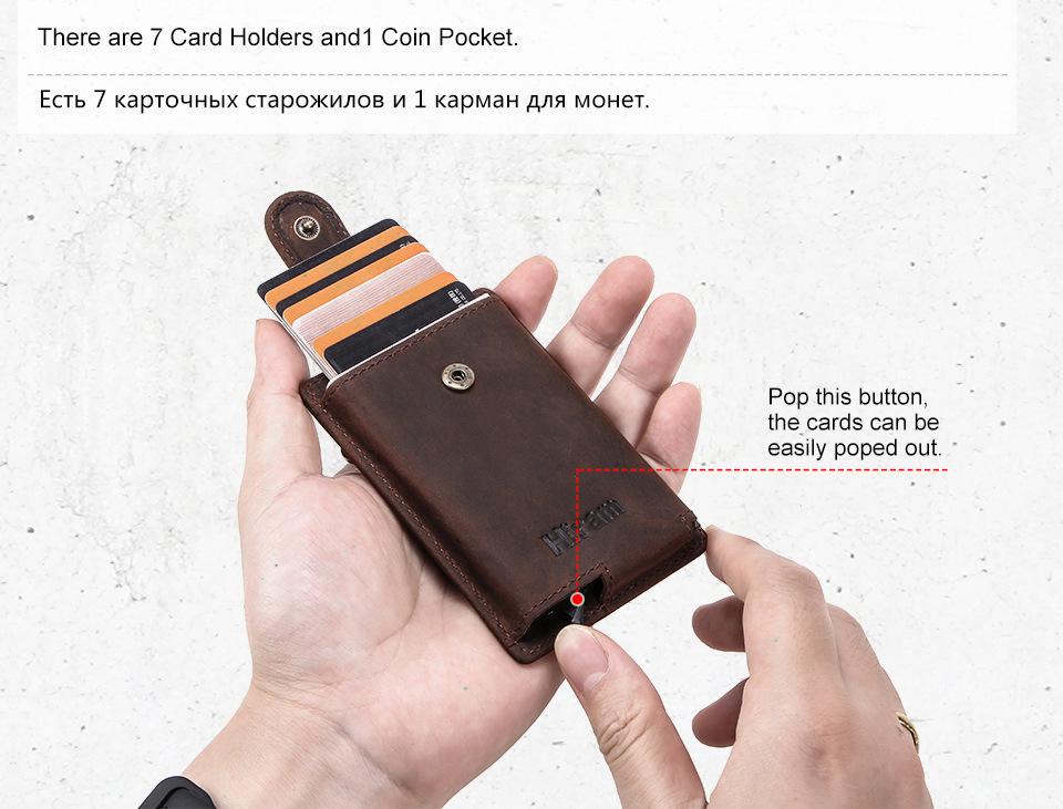 Black Angel FRID Vintage Crazy Horse Leather Automatic Card Holder with Buckle - Genuine Leather Wallet.