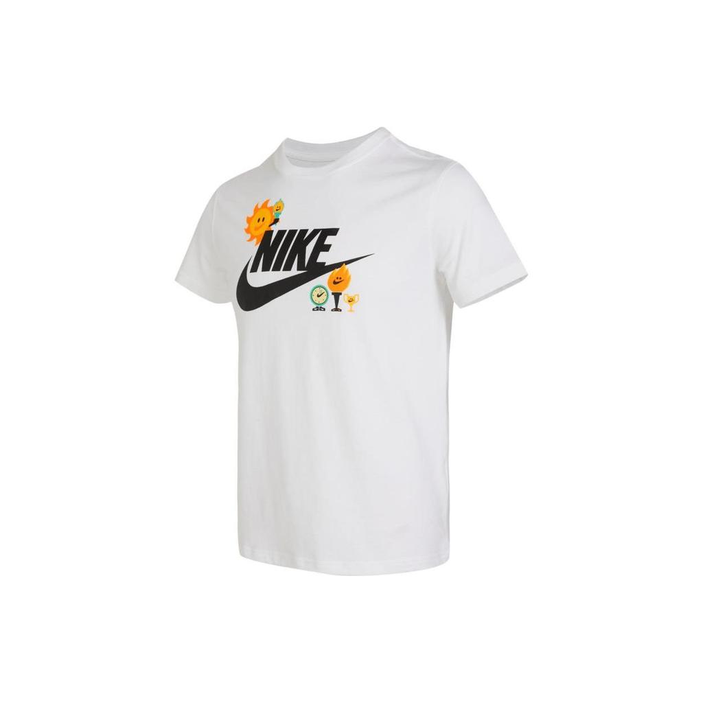Nike T-Shirt Letter Logo Cartoon Pattern Print Round Neck Short Sleeve Kids Tops White FJ7237-100