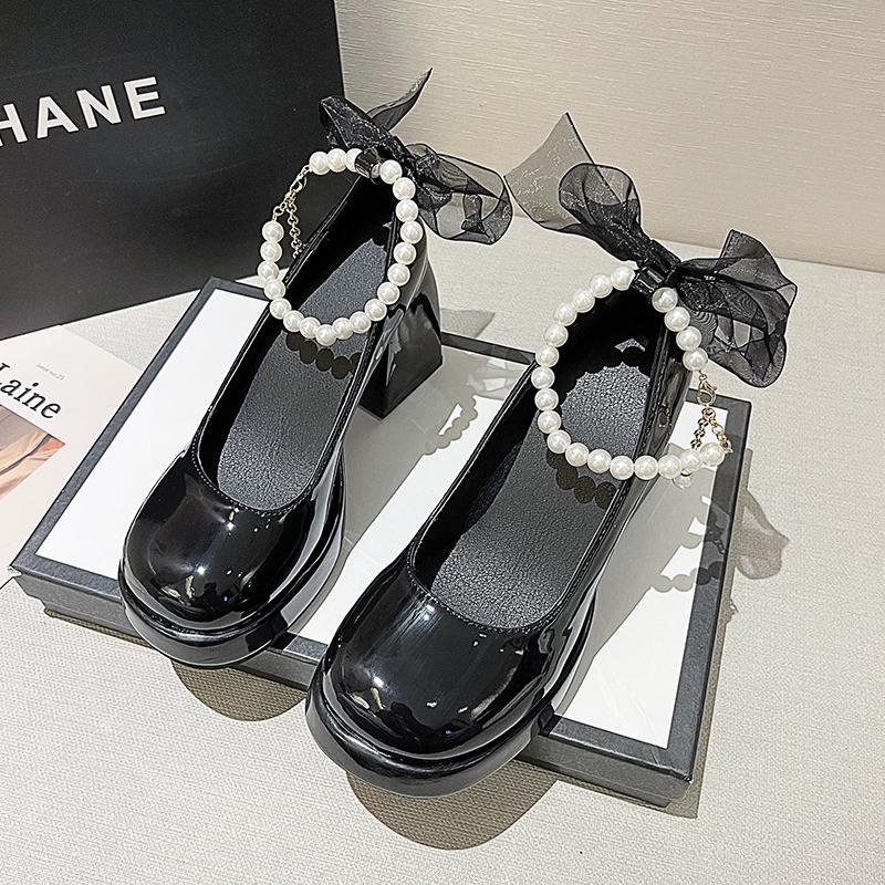 Women's new autumn chunky single shoes round head shallow mouth butterfly knot beaded platform high heels