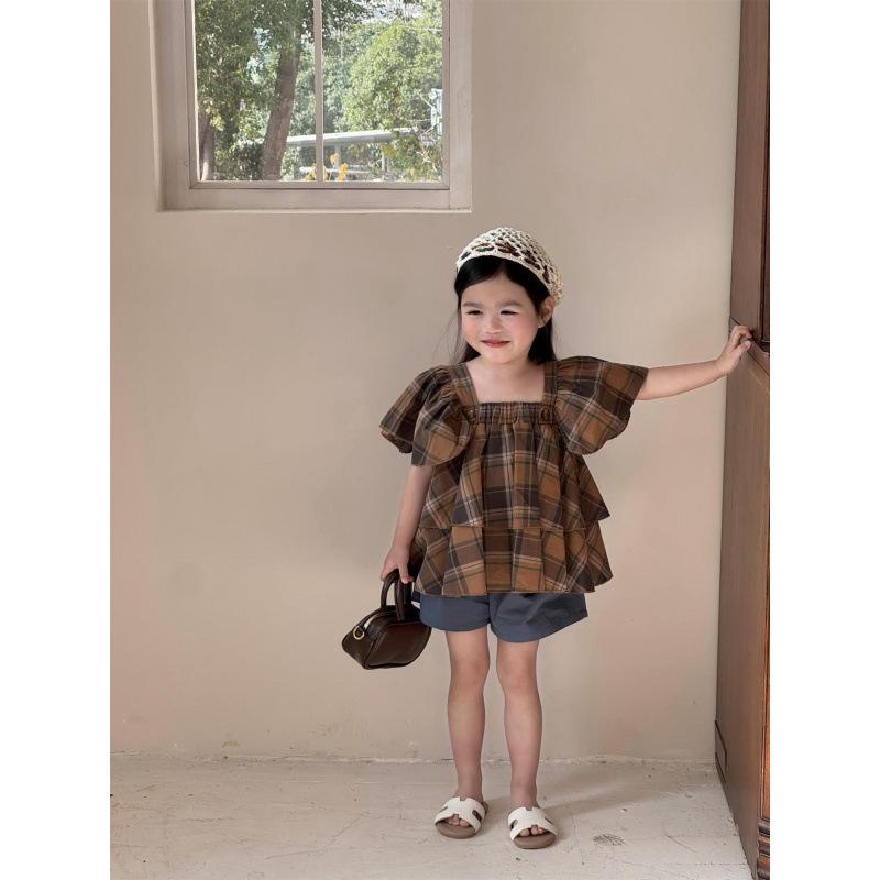 2026 Girls' Mori-style Coffee Plaid Flutter Sleeve Top + Dark Green Shorts Set