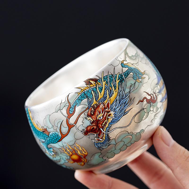 Silver Teacup 999 ******Lver Blue Dragon And Phoenix Chengxiang Master Cup Pair Cup Female Tea Cup Single Teacup Personal Cup Gift Box