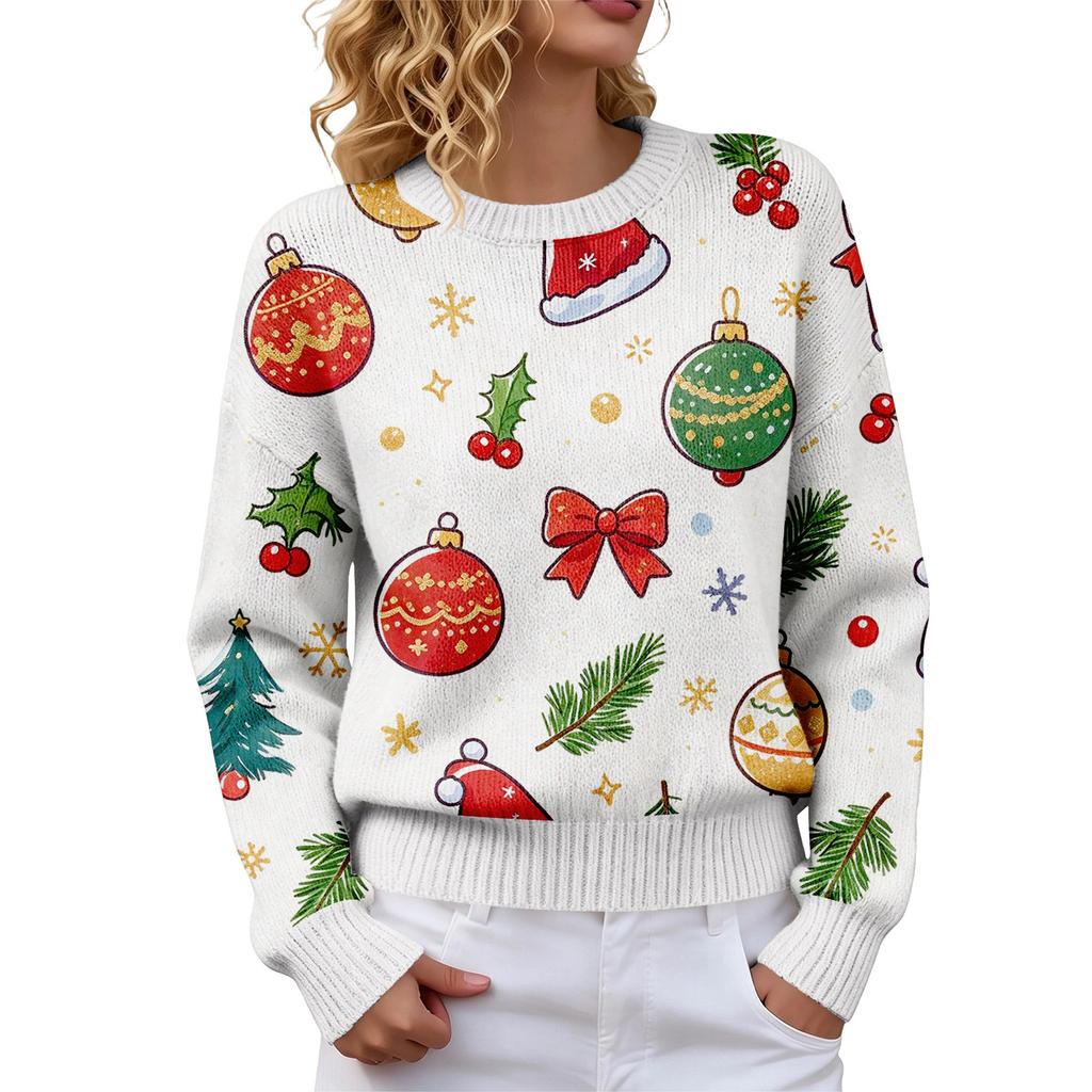 Women's Christmas Print Crewneck Long Sleeve Sweater for Fall Winter Casual Wear