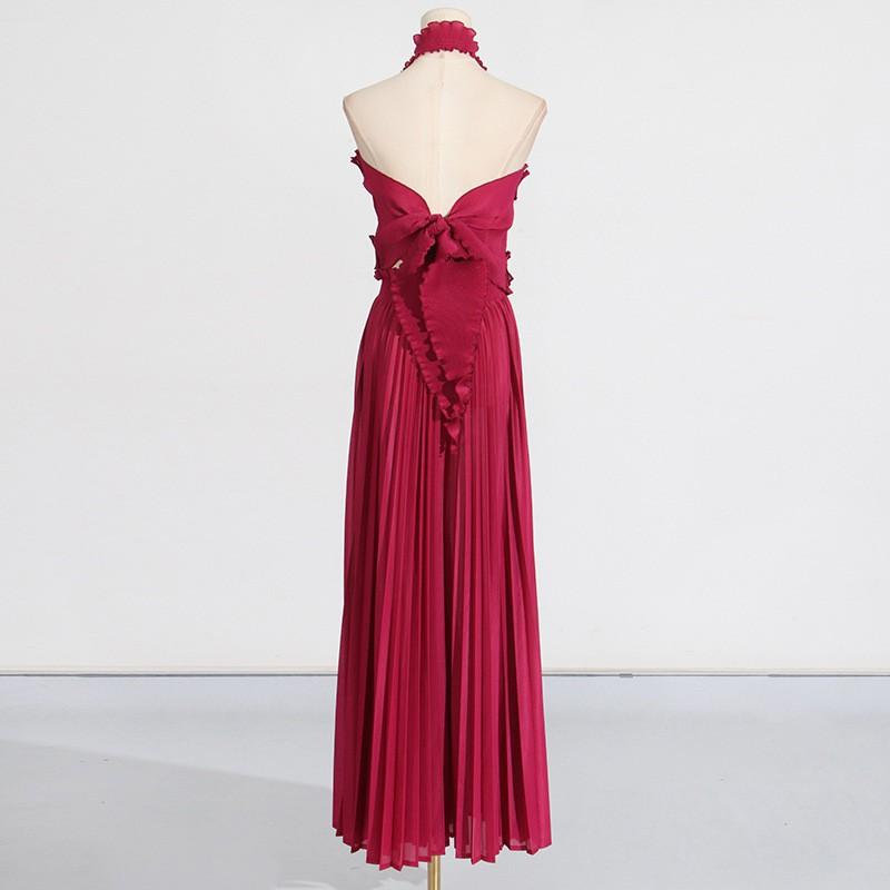 Fashionable Sexy Pleated Suit Women's Neck Ruffled Top With High-waisted Wide-leg Pants