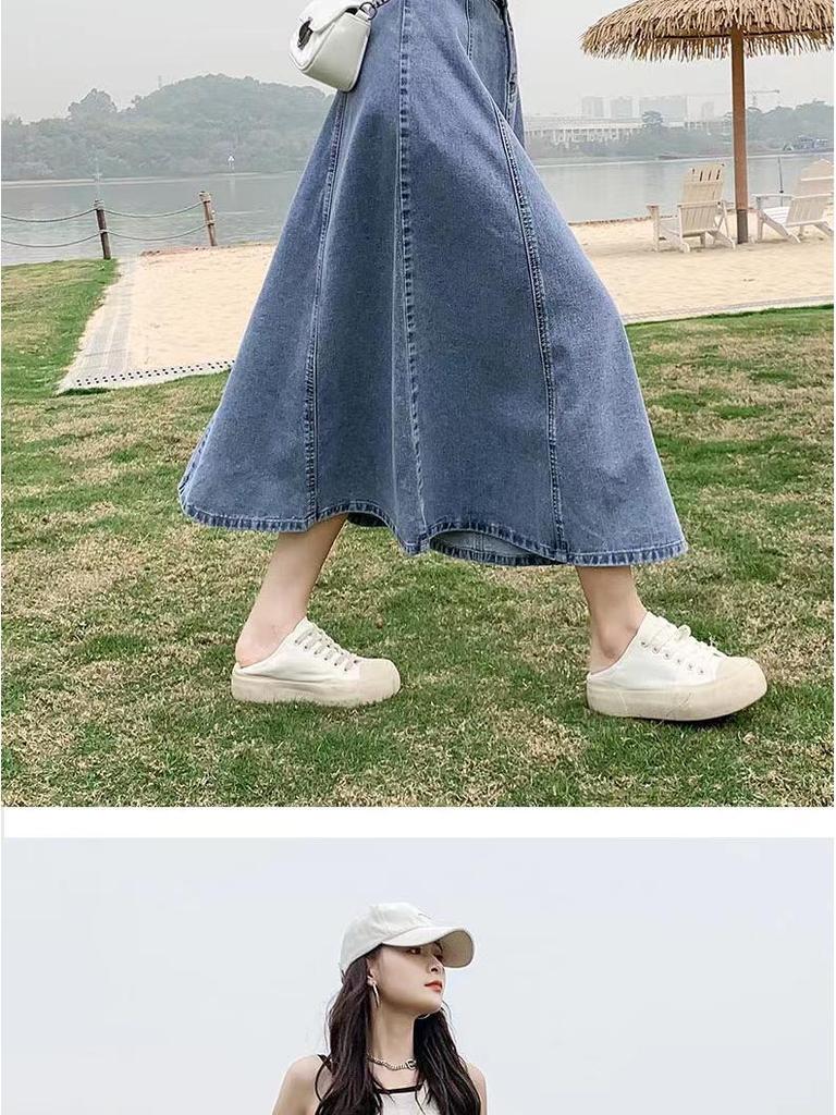 Women's High Waist A-Line Denim Midi Skirt - Slim, Fashionable, and Loose Big Swing Style for Summer
