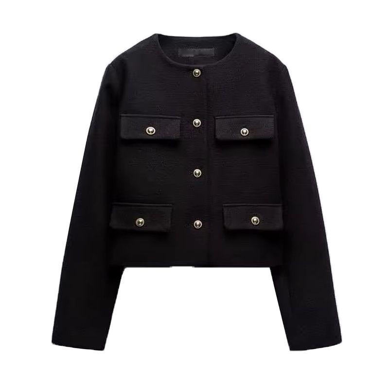 

Летний Новый Продукт Женская Одежда Французский Стиль Классический Стиль круглый Вырез Длинные Рукава Откидная Декорация Короткая Куртка 3046278 Black L