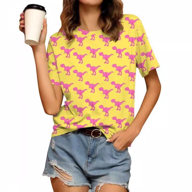 Cute Dinosaur Pattern 3D Digital Print Women's Fashionable Round Neck Short Sleeved T-shirt