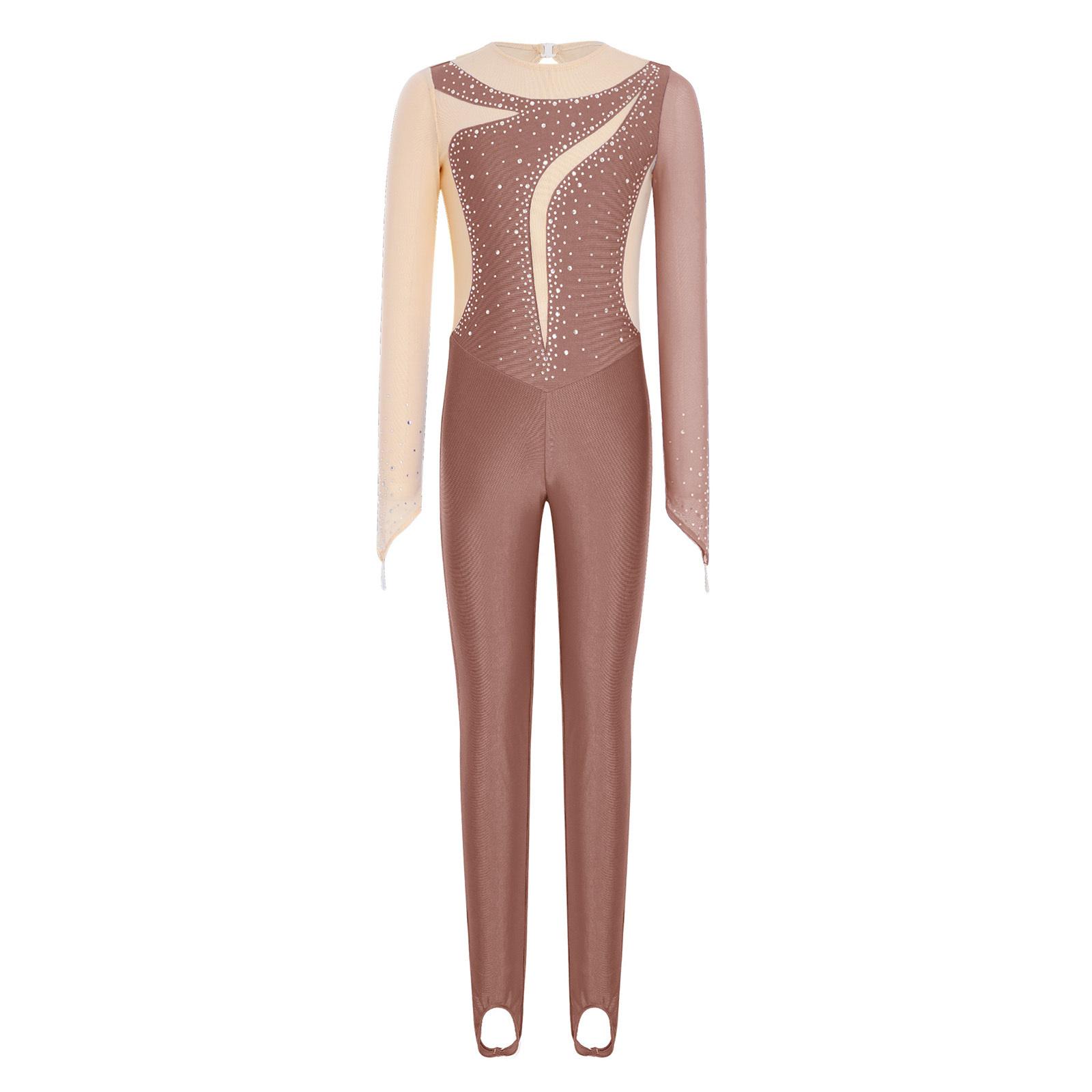 

Girls Long Sleeve Finger Holes Keyhole Back Mesh Patchwork Rhinestones Color Block Gymnastics Jumpsuit 5-6 Years