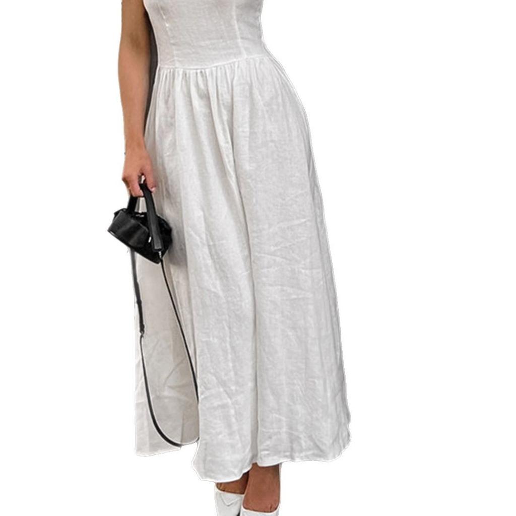 French temperament white cotton and linen vest skirt women's summer new round neck waist A pendulum skirt long skirt women's clothing