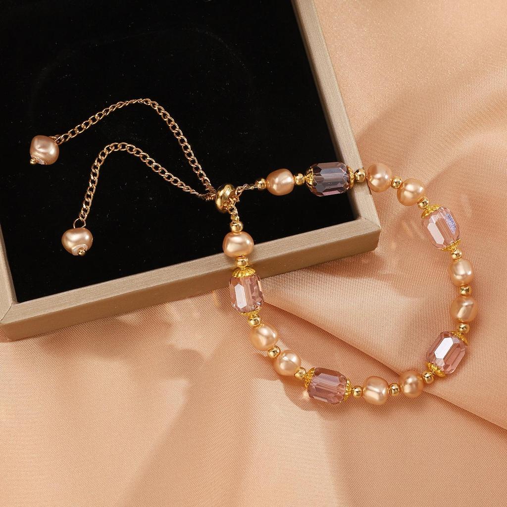 French Retro Crystal Beaded Pearl Bracelet for Women - Purple, Niche Design
